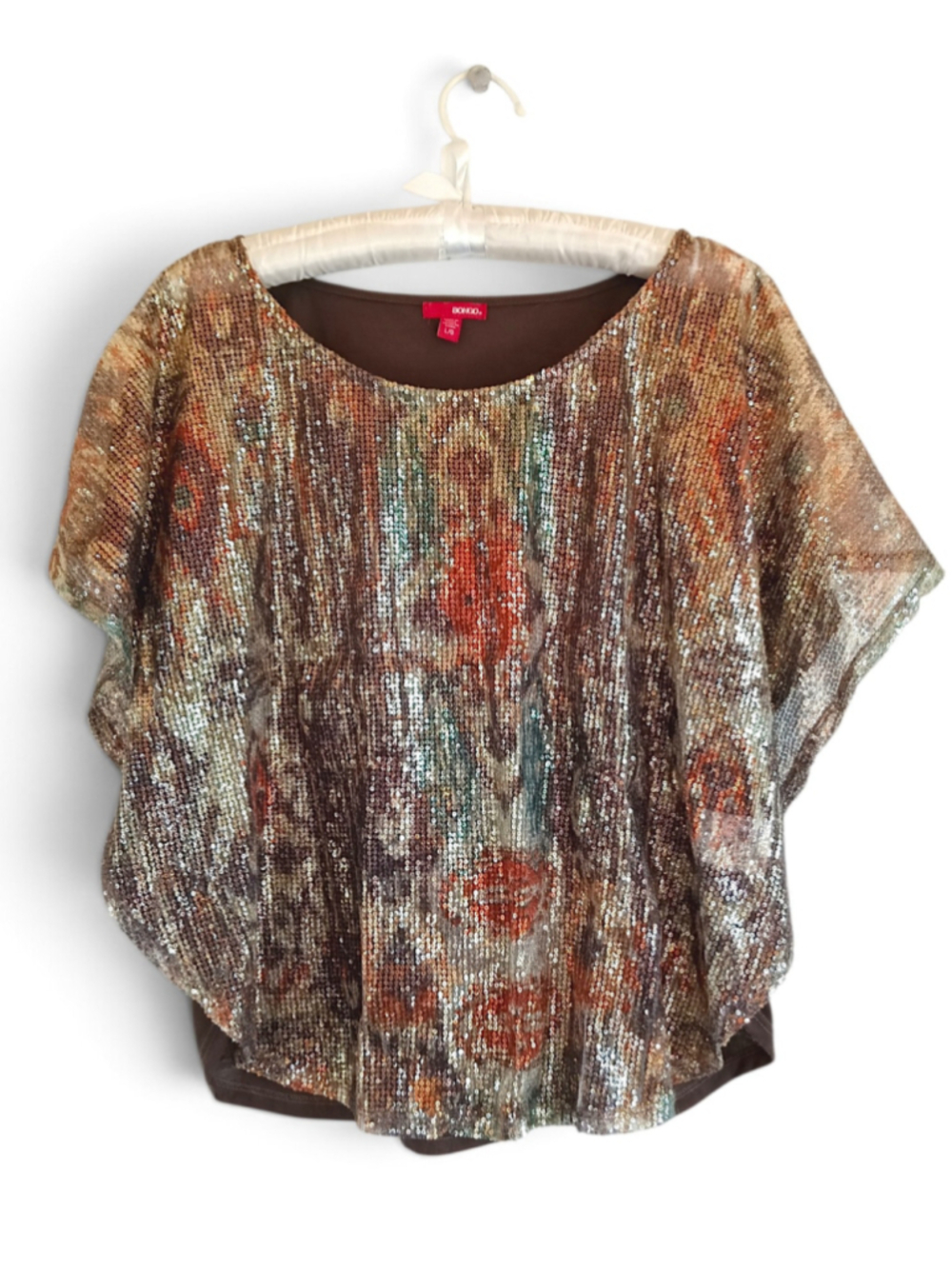 Bongo Sequin Dolman Blouse Brown Copper western tribal boho metallic sparkle LG